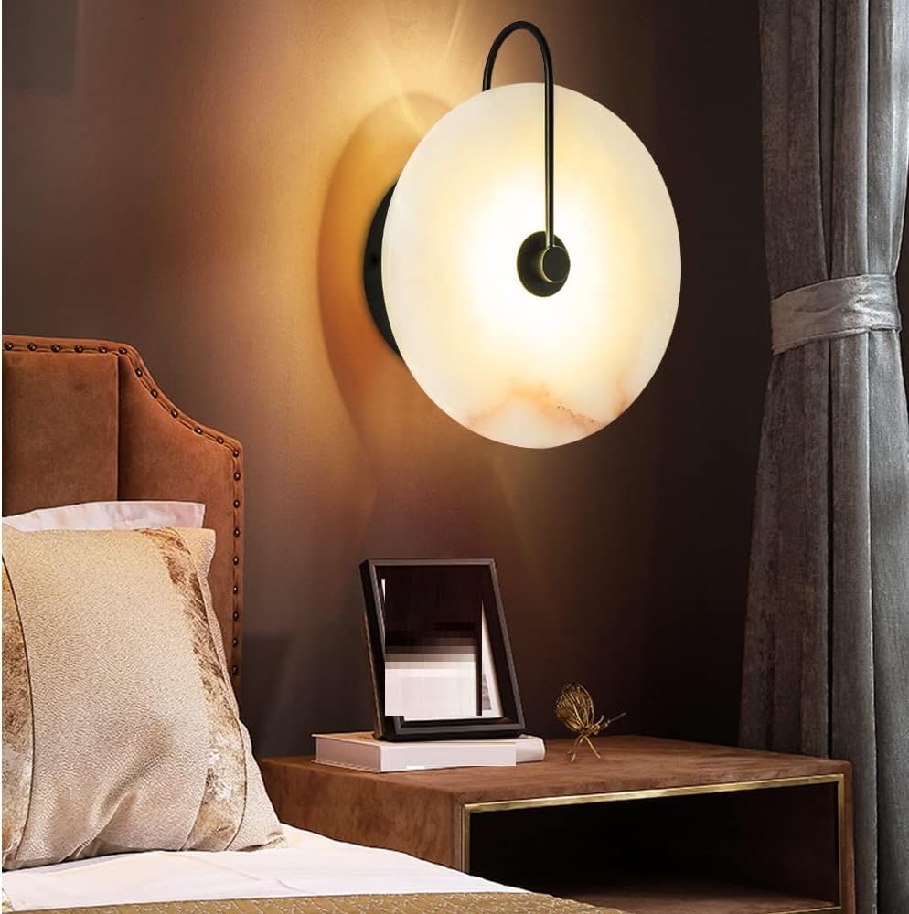 LED Round Wall Sconce, 3000k Warm Light 3W Simple Natural Marble Decoration Lamp Table Lamp for Bedside Office (Black,16cm)