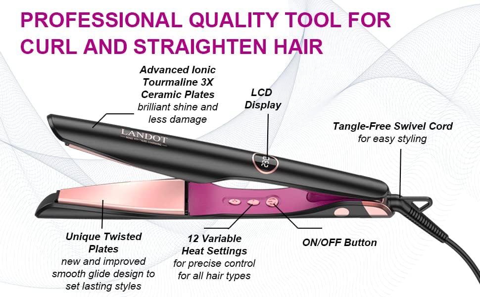 LANDOT Hair Straightener and Curler 2 in 1 - Flat Iron Curling Iron in One - Twist Curling Straightening Iron for Curl Wave Straighten Hair - 1 Inch Dual Voltage Auto Shut Off