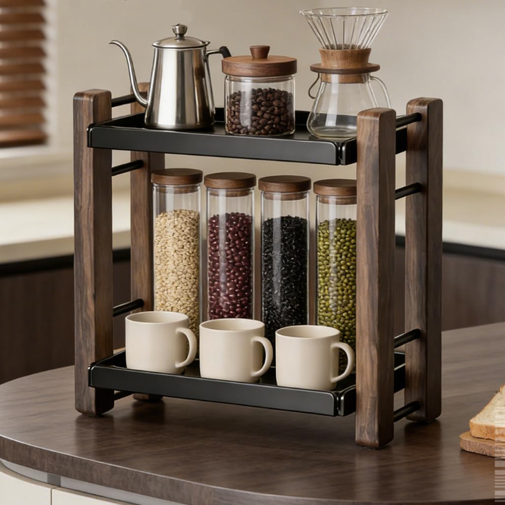 Estante expositor de tazas de café, soporte de madera de 2 niveles para encimera de cocina, oficina en casa, estación de café, bar y organizador de tarros de especias