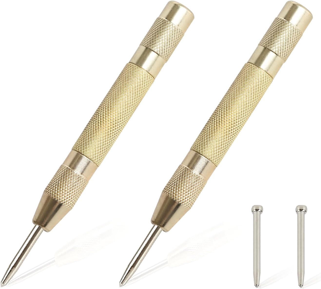 2PCS Automatic Center Punch,5'' Spring Loaded Center Punch, Heavy Duty Steel Adjustable Center Marker Punch Tool with 2PCS Extra Replacement Tip for Metal, Plastic, Wood, Glass