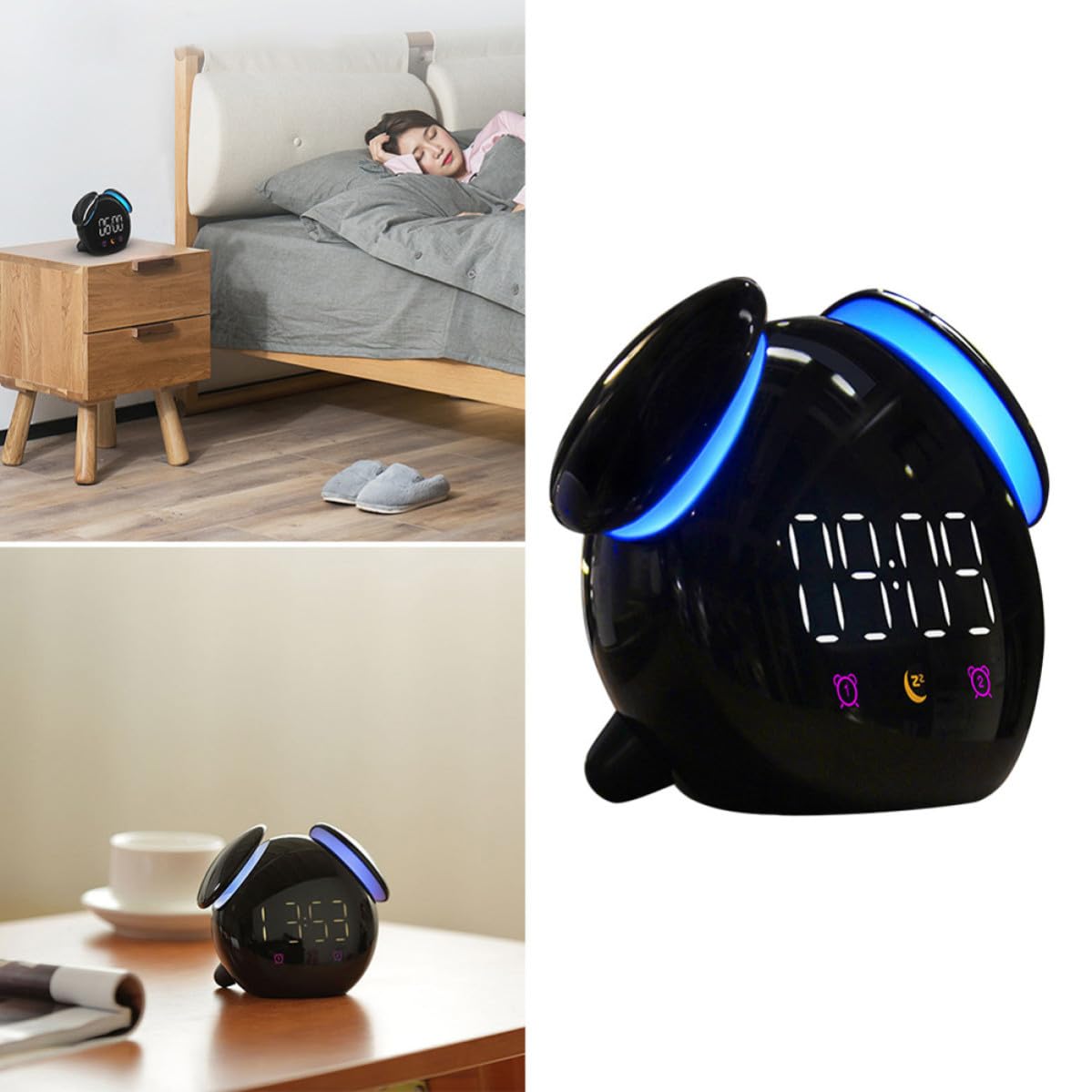 Reloj Despertador Luz de Inducción Creativo Negro Forma de Hongo y Pantalla de Brillo Día y Noche, Material Plástico Resistente para Dormitorio