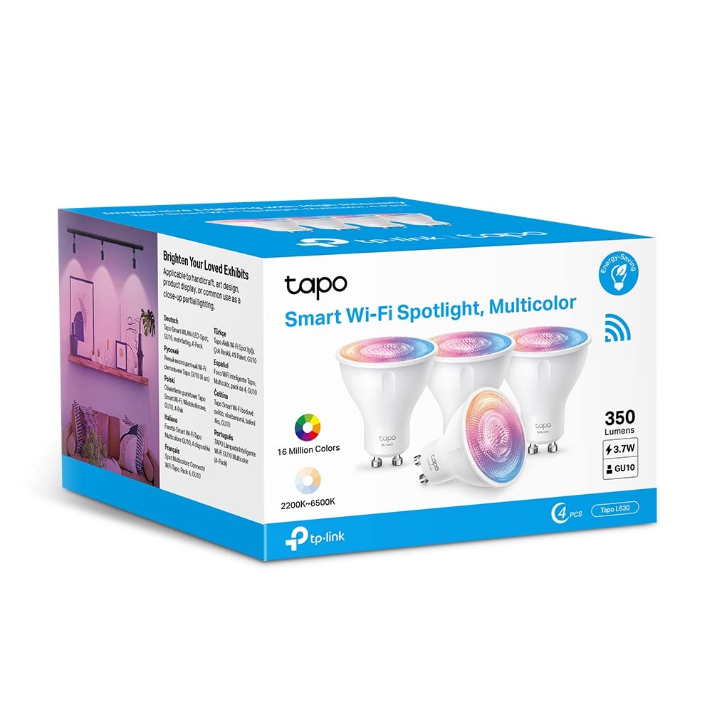 TP-Link Tapo L630 (4-pack) | Zestaw 4 inteligentnych żarówek Wi-Fi GU10 RGB | Ściemnialne | Sterowanie przez aplikację Tapo | Kompatybilne z Alexa i Google Home