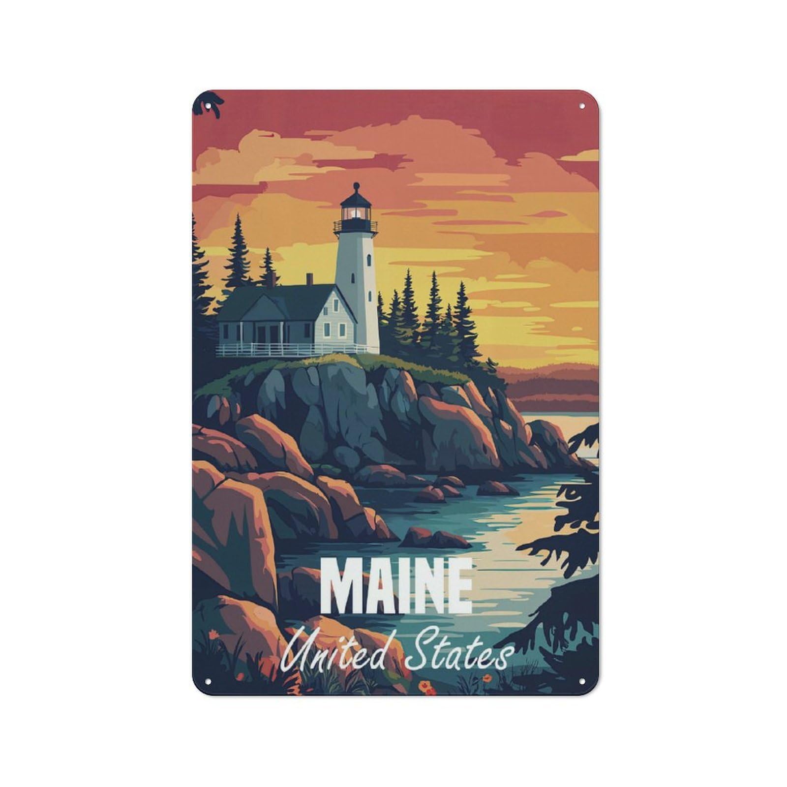 Decorative Metal Plaque with Maine Lighthouse Sunset Design 30x20cm, Warehouse Style Loft Wall Plaque for Flat, Bar, Studio Or Gallery Wall
