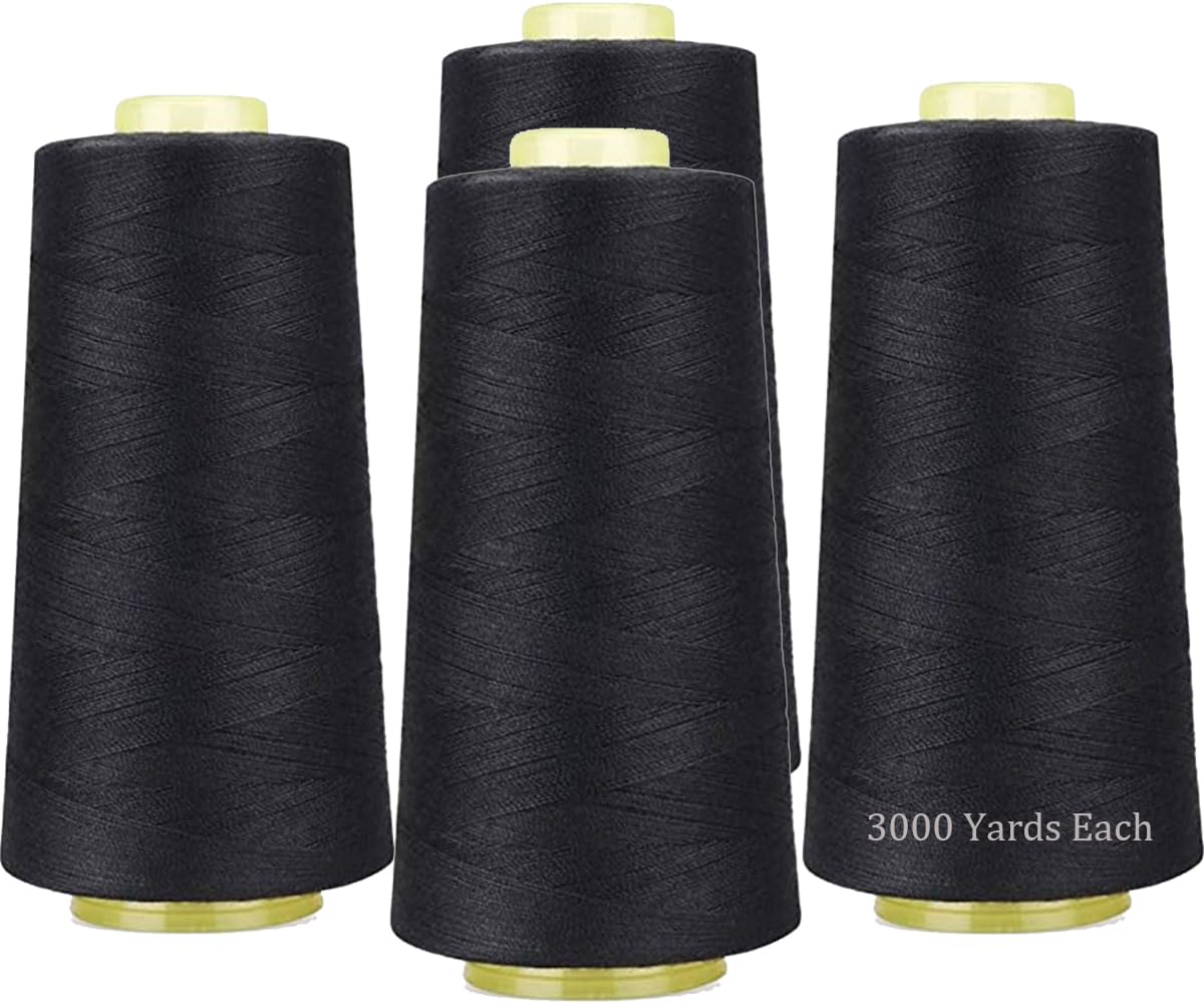 LNKA Black Sewing Thread Cones(4 Pack of 3000 Yards Each), All Purpose Polyester Thread Spools for Sewing/Serger Machines, Overlock, Quilting, Hand Embroidery