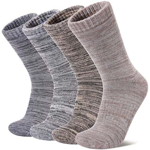 LANLEO Merino Wool Hiking Socks for Women Men Thermal Extra Thick Winter Warm Comfy Cushioning Crew Boot Socks 4 Pairs Coffee/Khaki/Dark Grey/Light Grey,Medium