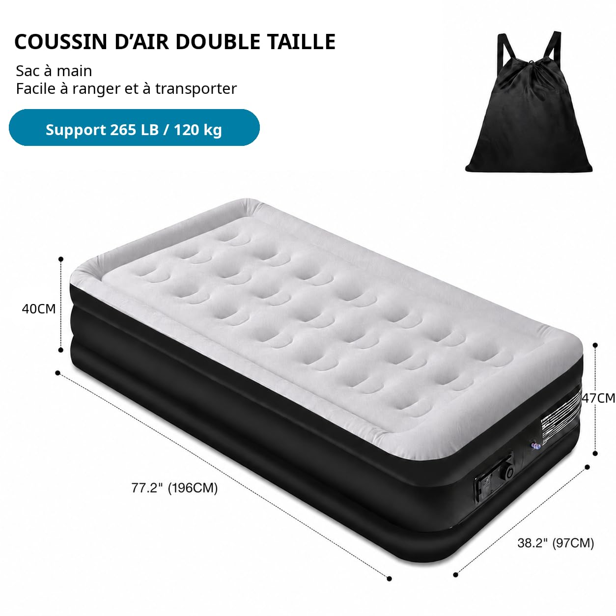 Panana Matelas Gonflable 1 Personne avec Pompe Intégrée, Lit Gonflable Simple 196x97x47cm, Matelas d’Appoint avec Surface Floquée et Sac de Rangement pour Maison Camping Invités