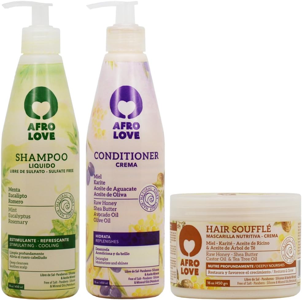 Afro Love Hair Care Set – Shampoo (16oz), Conditioner (16oz), and Hair Soufflé (16oz) – Moisturizing & Nourishing for Curly, Kinky & Coily Hair – Sulfate-Free & Paraben-Free