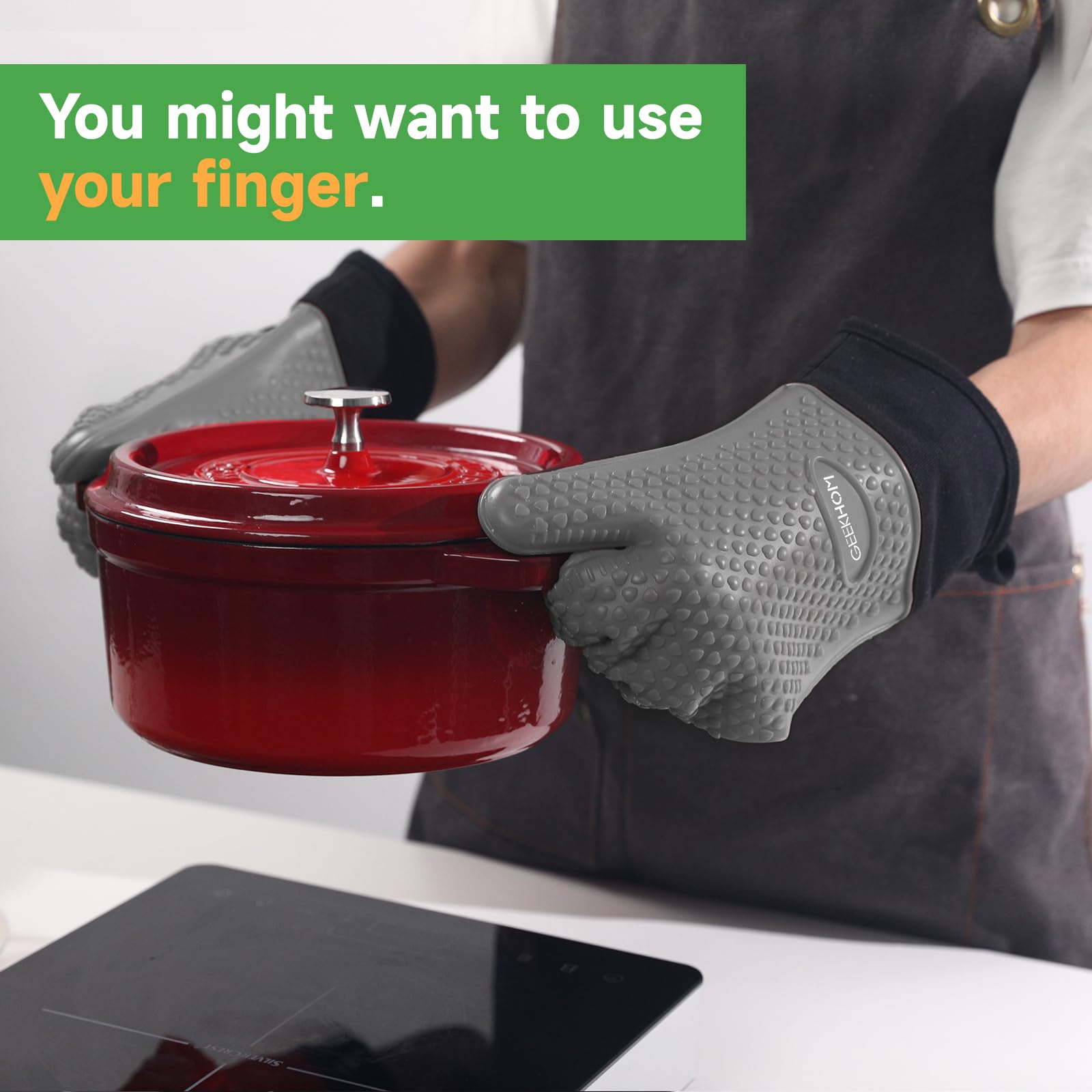 GEEKHOM Set di guanti da forno in silicone, resistenti al calore