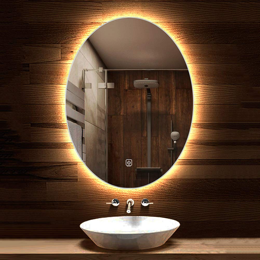 Specchio Espejo de baño de pared con iluminación LED, antideflagrante, ovalado, sin Marco, con botón táctil (Luz Blanca/cálida, atenuación rápida)