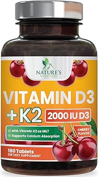 Vitamin D3 K2 Supplement | 2000 IU D3 + K2 75 mcg | MK-7 K2 with Vitamin D3 | Supports Immune, Heart, Teeth & Bone Health - Natures Easy to Chew, VIT D K2, Non-GMO, Tasty Berry Flavor - 180 Tablets