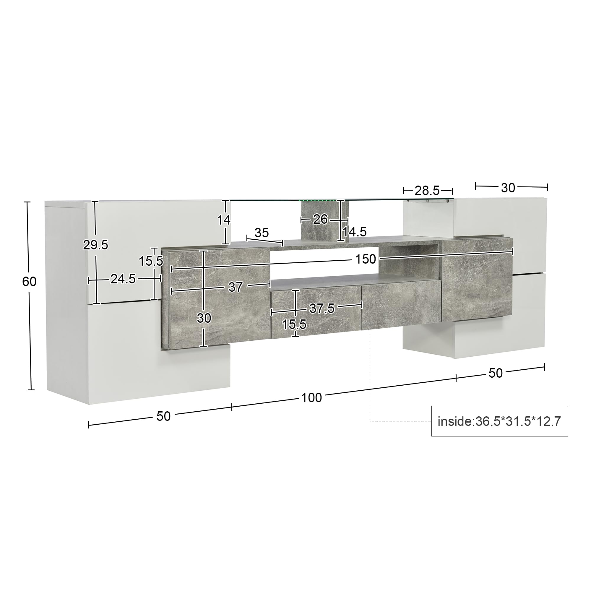 Mueble bajo para TV moderno, 200 cm de ancho, color blanco y gris, con iluminación LED RGB, 6 puertas y 2 cajones, armario multimedia para salón (gris + MDF + 60-69 pulgadas)