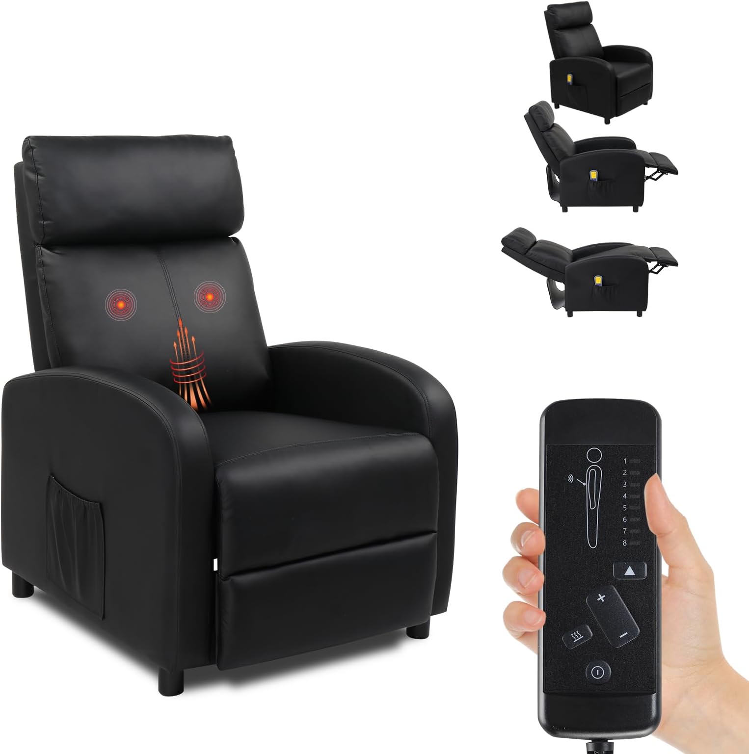 Karl home Recliner Armchair with Massage & Heat, PU Faux Leather Push Back Reclining Chair with Adjustable Leg Rest, Side Pocket, Single Padded Seat Sofa Lounge for Living Room Theatre, Black