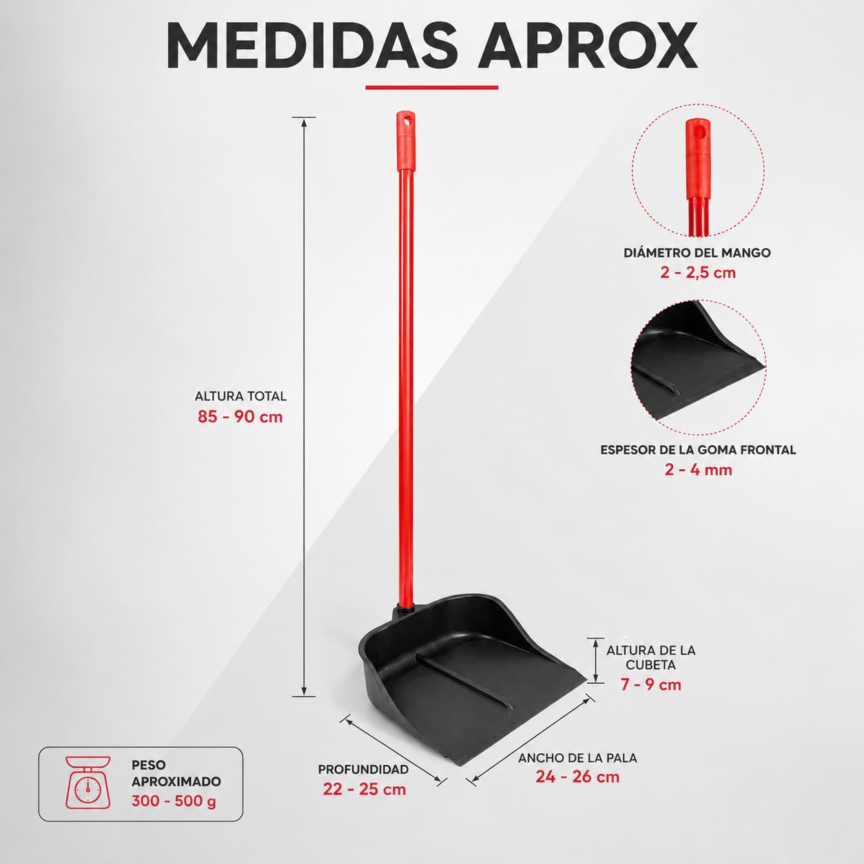 CABLEPELADO Recogedor de Goma | Resistente y Duradero | Limpieza hogar | Herramienta de Limpieza | Apto para Limpieza de Polvo, Basura, Ceniza u Hojas | 93 cm Altura x 25 cm Ancho | Negro