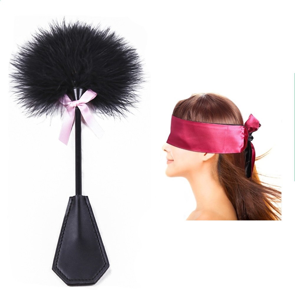 feifanmall Feather Tickler Leather Whip Hand Spanking Slapper with Satin Blindfold Eye Mask