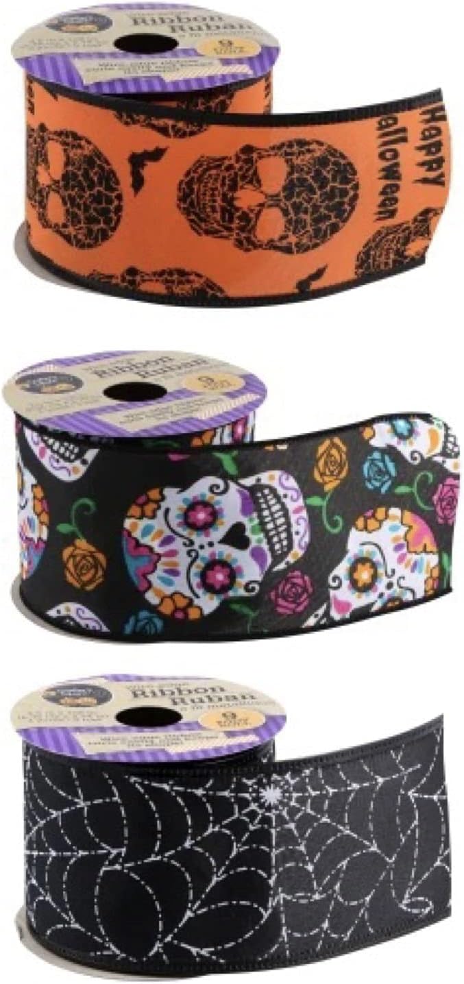 Crafters Square (4 Rolls) HT Decorative Autumn Harvest Fall Wire-Edged Ribbons, (3-yd.x 2.5-in. Each) Bonus Items- Pumpkin-Embellishments Giving-Thanks, 3-Colors