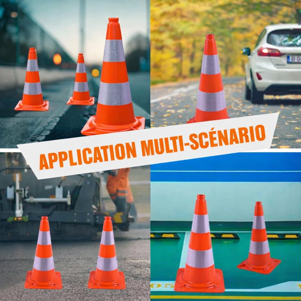 Pack de 10 Cônes de Trafic, Cônes de Sécurité avec Bande Réfléchissante et Matériau PVC pour Sécurité Routière, Parking, Entraînement Sportif et Activités Extérieures (50CM)