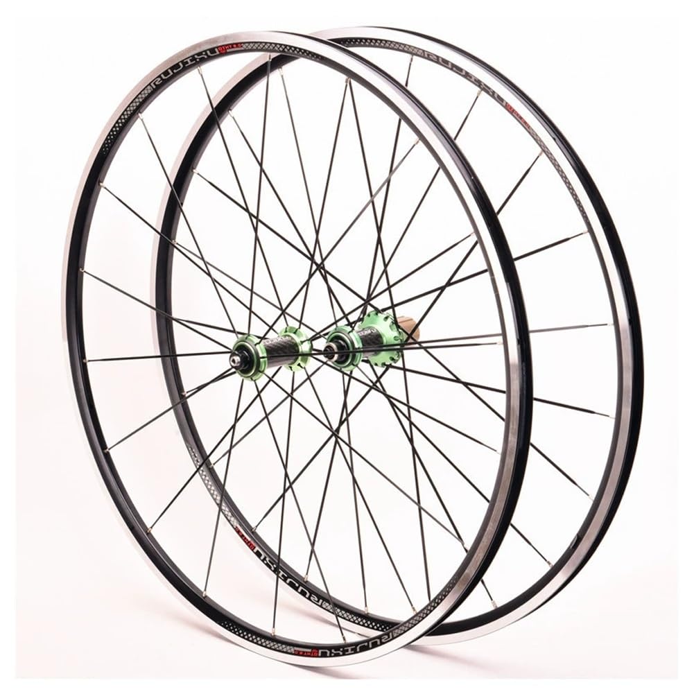 Road Bike Wheelset 700c Rim Brake with 20.5mm Depth Rims, 23C-25C-28C Aluminum Alloy Racing Bike Wheels Suitable for 8/9/10/11 Speed with Quick Release, Wind-Breaking Wheel Group(Green Hub)