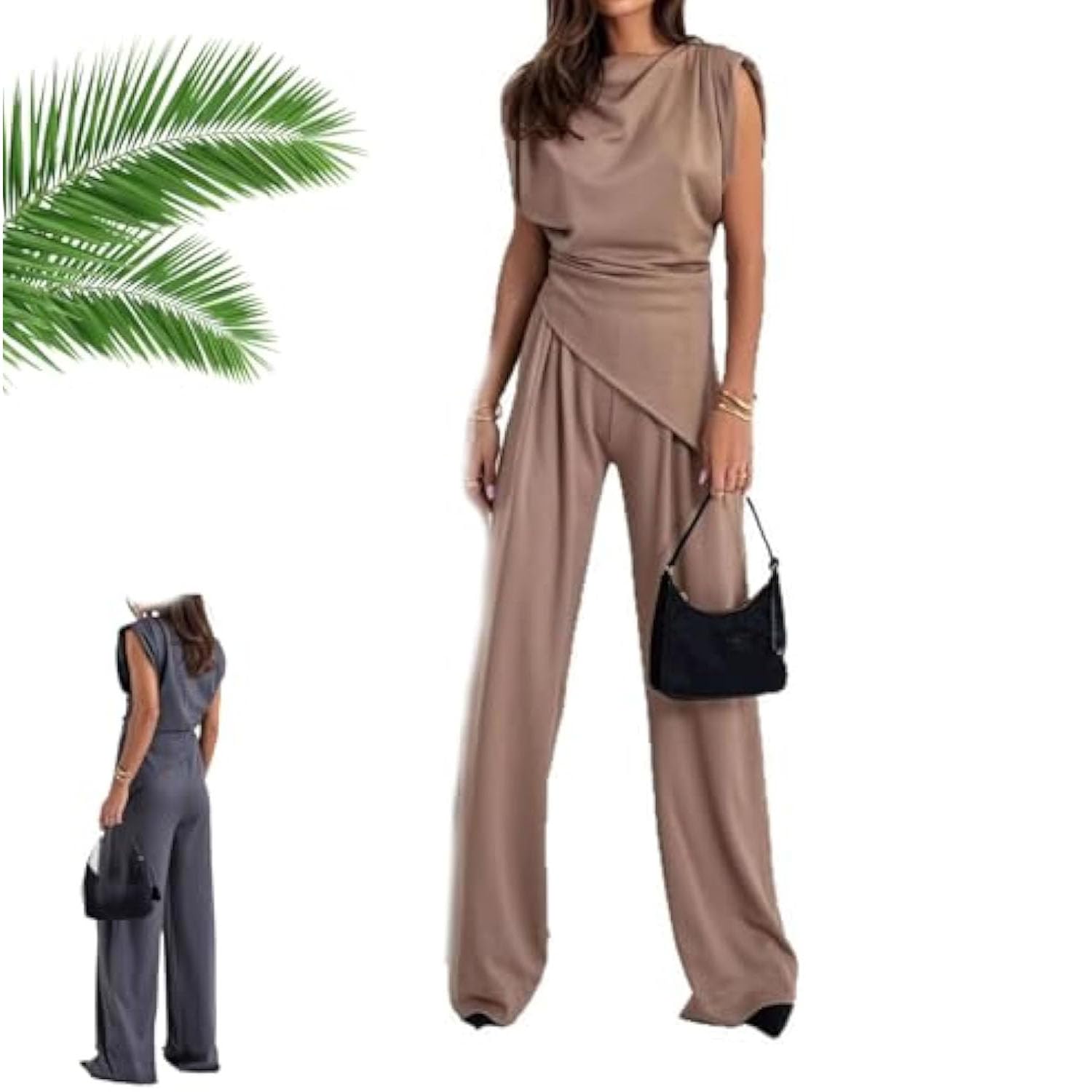 Costume décontracté à col rond et manches plissées pour femme, couleur unie, col ras du cou irrégulier, pantalon large avec poche