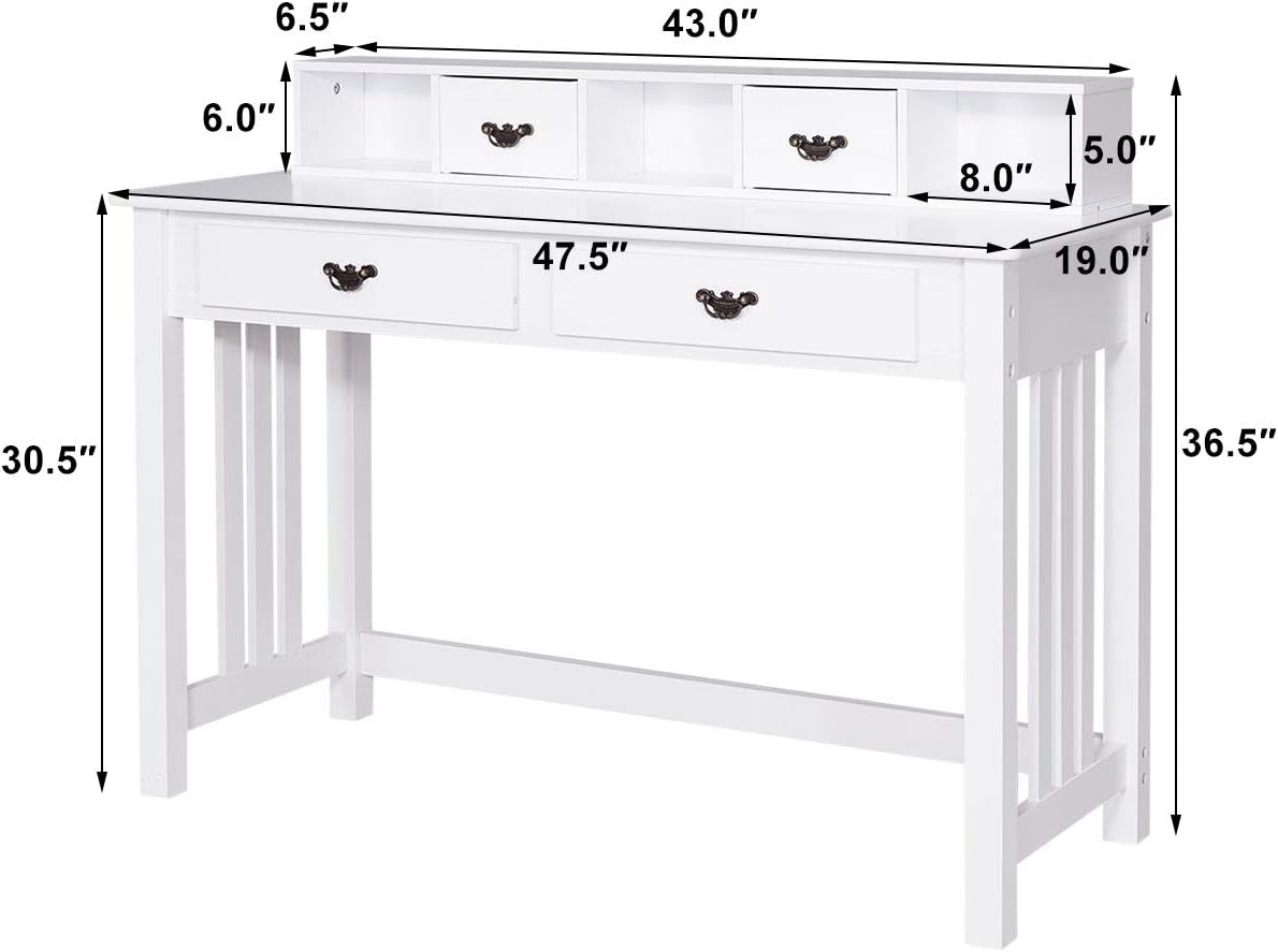 Giantex Writing Desk with 4 Drawer Computer Study Table Removable Floating Organizer 2-Tier Spacious Workstation, Home Office Desk Console Table White Vanity Desk