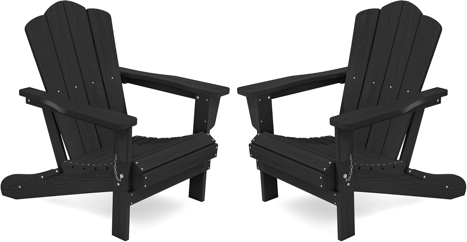 KINGYES Folding Adirondack Chair Set of 2, HDPE All-Weather Patio Chairs, Wooden Textured Lawn Chair for Poolside, Backyard, Deck, Fire Pit, Black