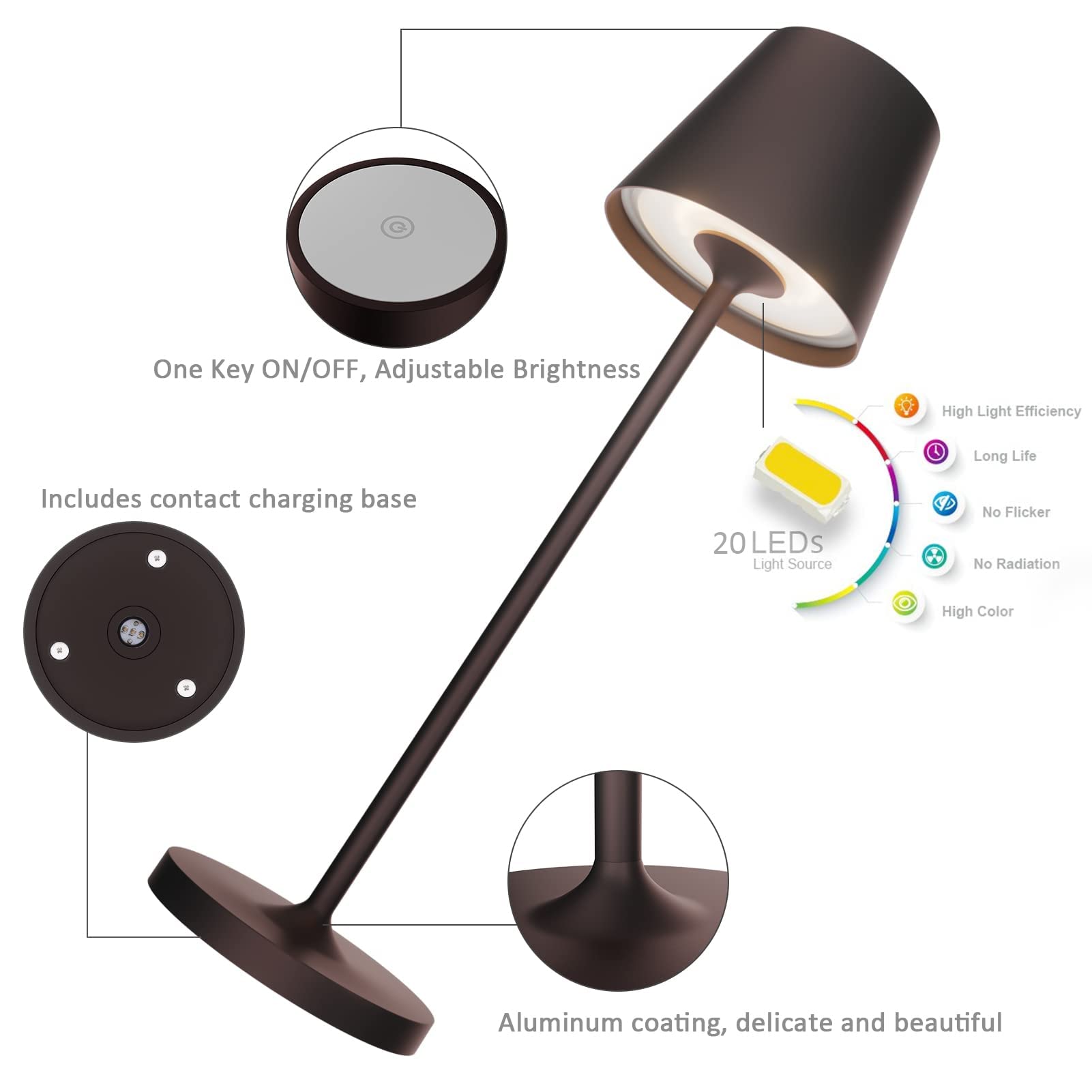 K-Bright Lampada LED Dimmerabile da tavolo in alluminio, H38cm,Ricaricabile Colore luce calda Per interni/esterni Lampada da tavolo con base di ricarica a contatto (Bronze)