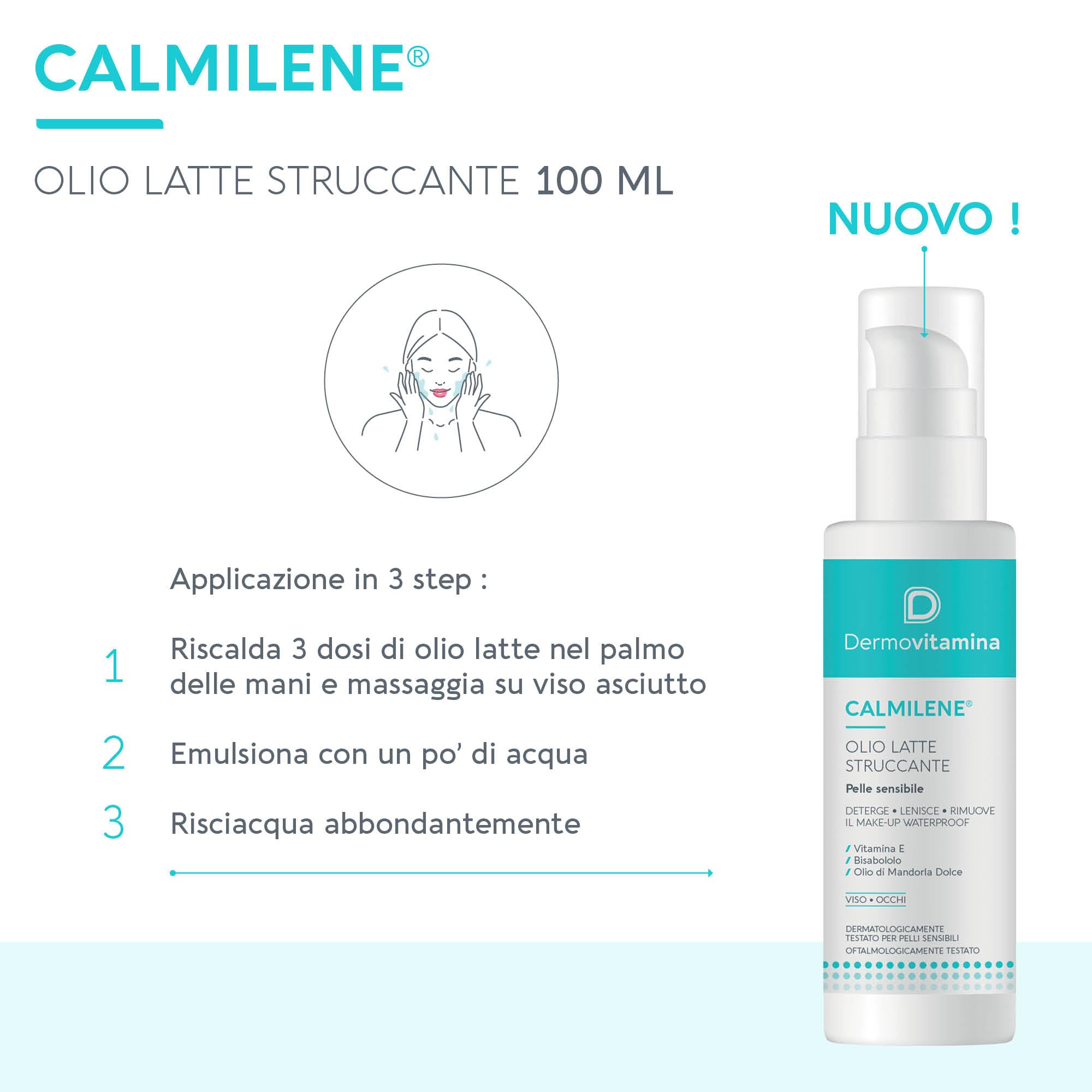 Dermovitamina Calmilene Olio Latte Struccante - Struccante Viso e Occhi - Rimozione Trucco Waterproof - Per Pelli Sensibili - Latte Detergente Viso - Con Vitamina E, Arnica e Calendula - 100ml