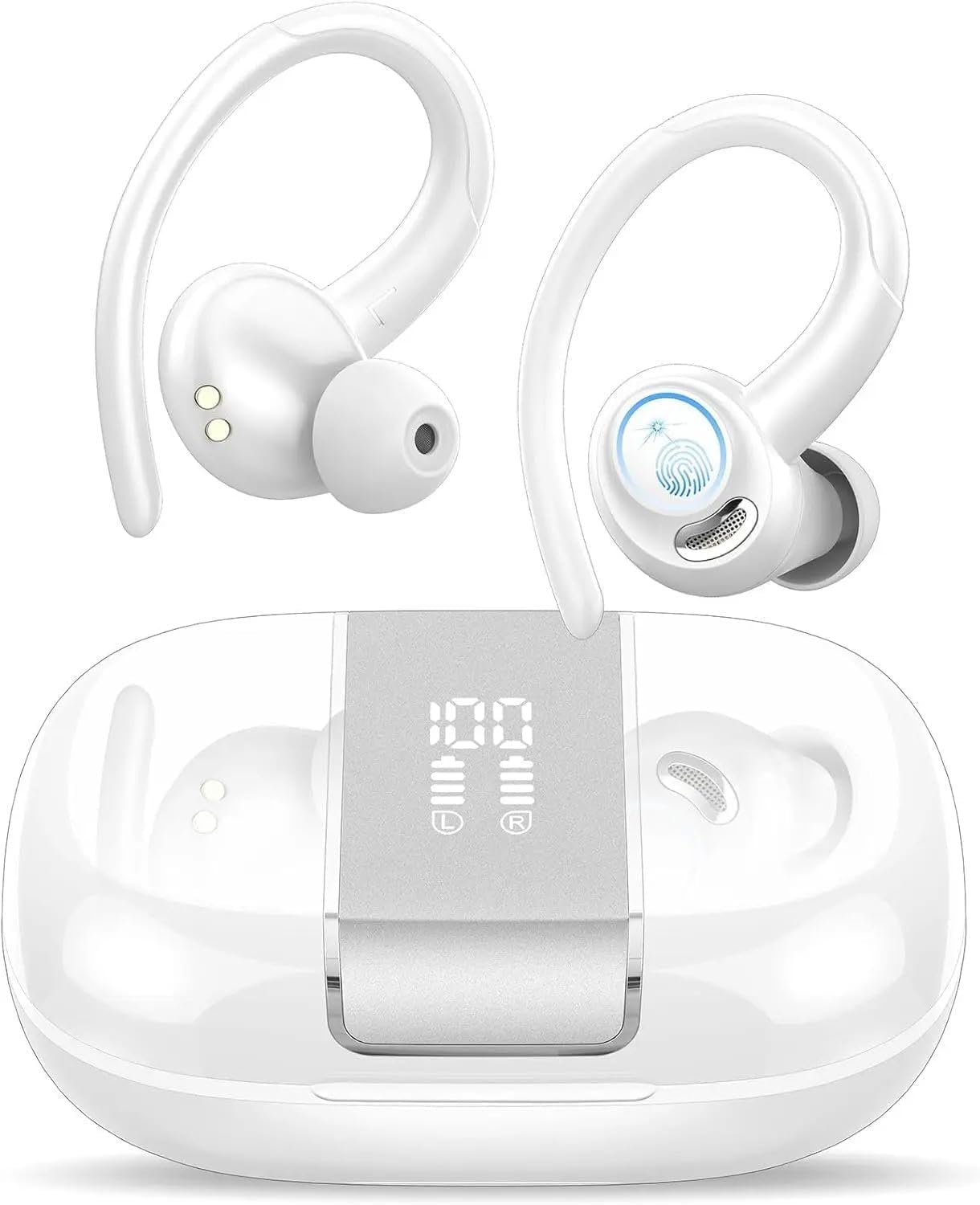 Csasan Auriculares inalámbricos Deportivos, Cascos Sonido Premium | 48H Bluetooth 5.3 Auriculares con HD Micrófono y Pantalla LED, Diseño de Gancho de Aire, iOS Android para Deportes, Blanco