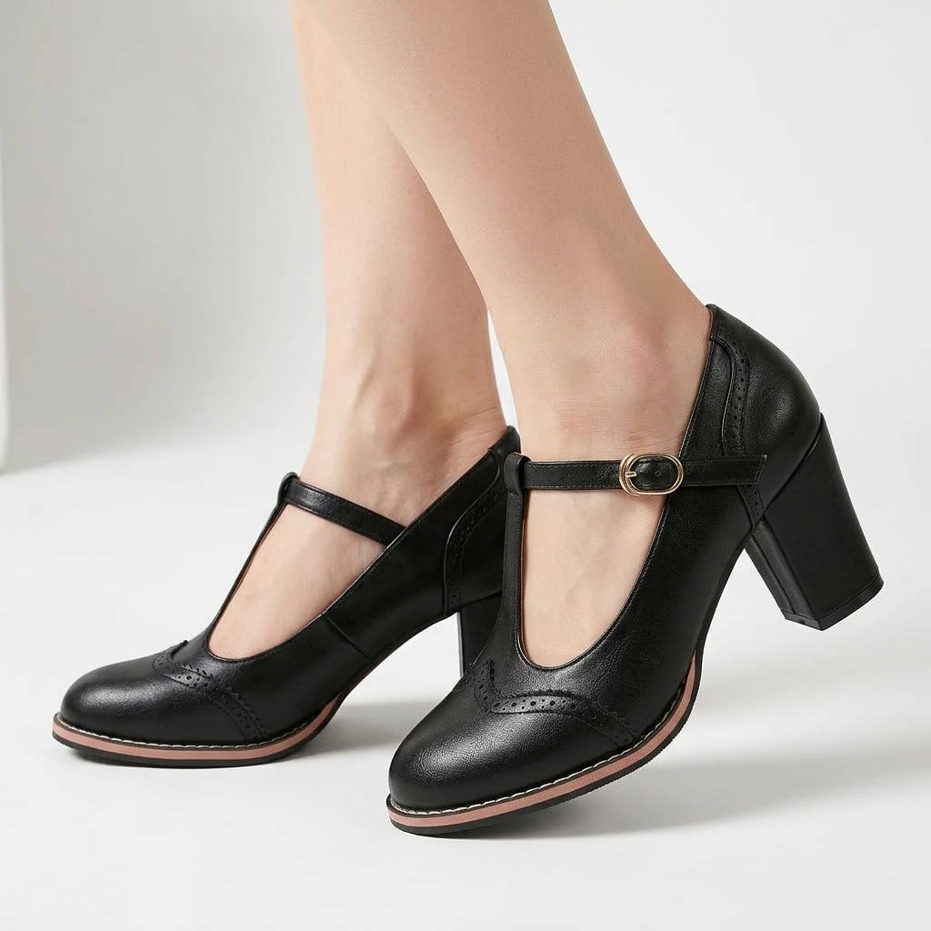 Women's Oxford Shoes Black Brown T Strap Heels Retro Brogue Style Chunky High Heels Mary Janes Pumps Wingtip 1950s Dress Shoes