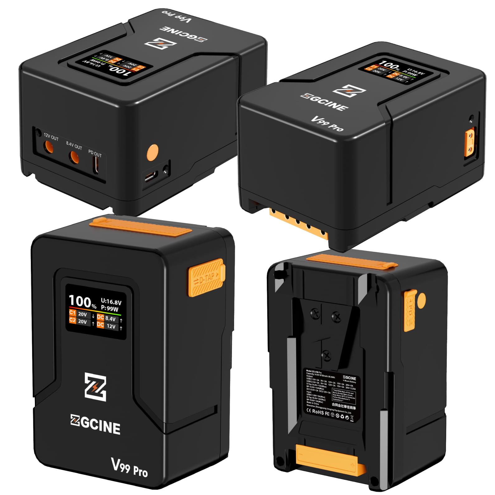 ZGCINE ZG-V99Pro V-Mount Batteria 14.8V 99.9Wh 6400mAh PD USB-C 100W Ricarica Rapida con D-Tap BP porte USB per fotocamere, videocamere, luci LED, monitor, arancione