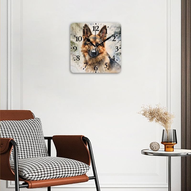 Battery Operated Wall Clocks Watercolor Painting of Elegant German Shepherd in Winter Forest Silent Non-Ticking Decor Clock with Photo for Bathroom,Office(14inch)