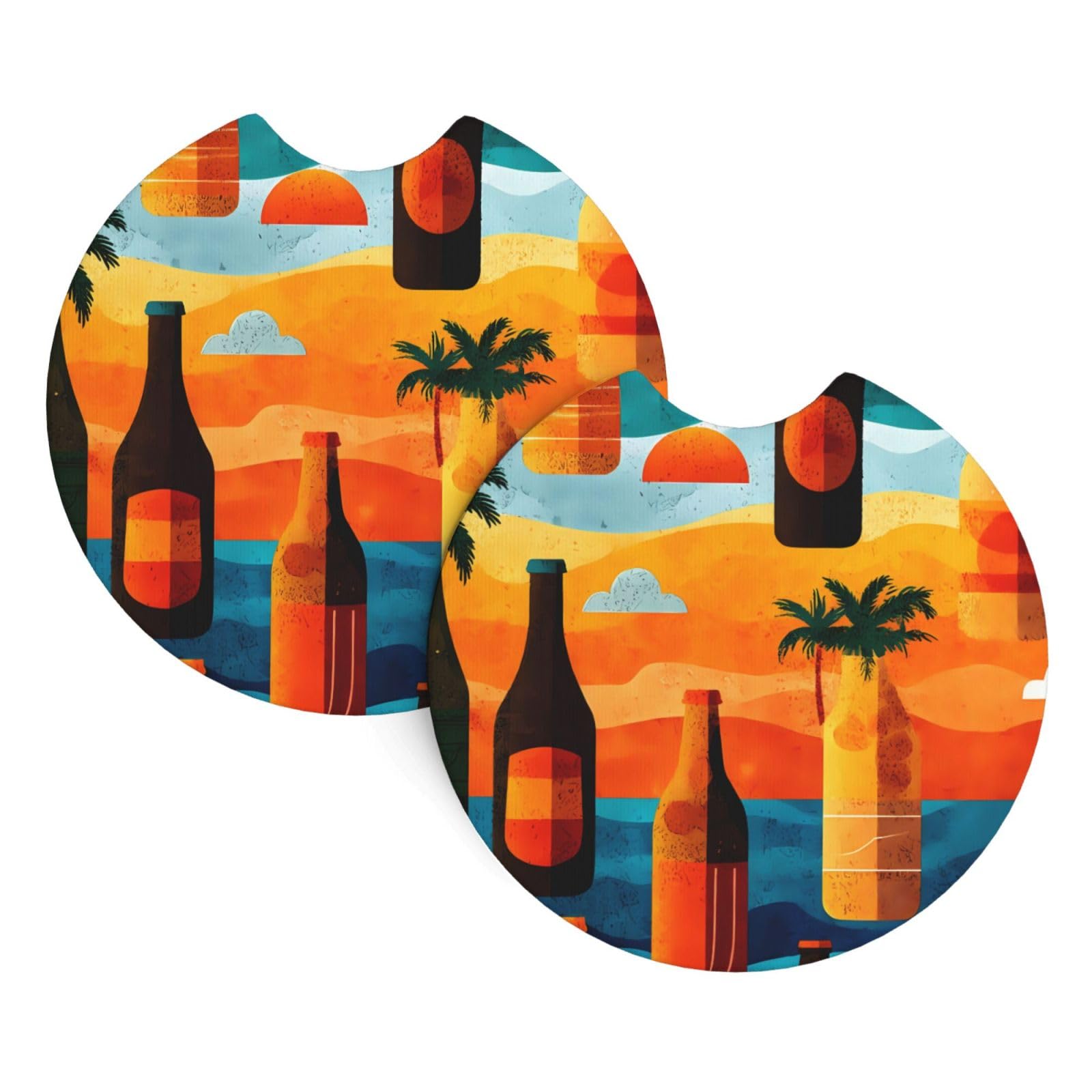 Beer Beach Sunset Printed Two Sets of Anti Slip and Waterproof Beverage mats for General Purpose car Coasters