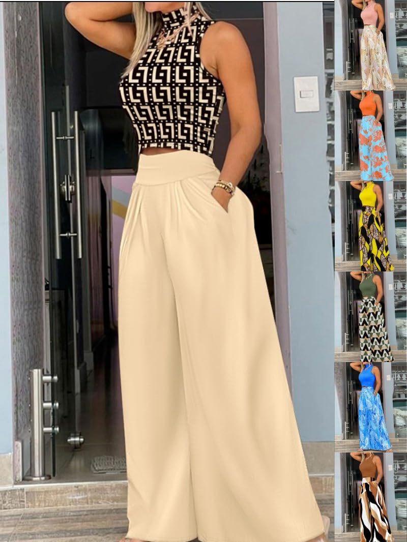 shownicer 2 Teiler Hosenanzug Damen Elegant Zweiteiler Outfit Ärmelloses Tank Top und Hose Freizeitanzug mit Taschen Sommer Loungewear Drucken Streetwear