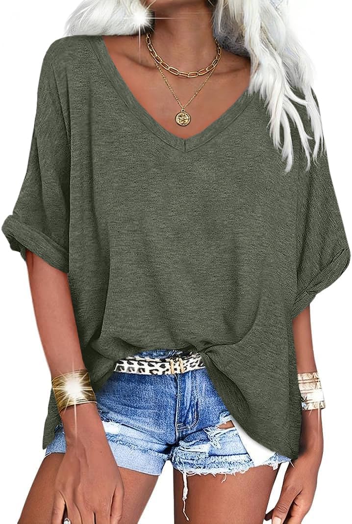 UNCLECAT Women's V Neck Oversized T-Shirts Summer Short Sleeve Shirts Loose Casual Tops Tee