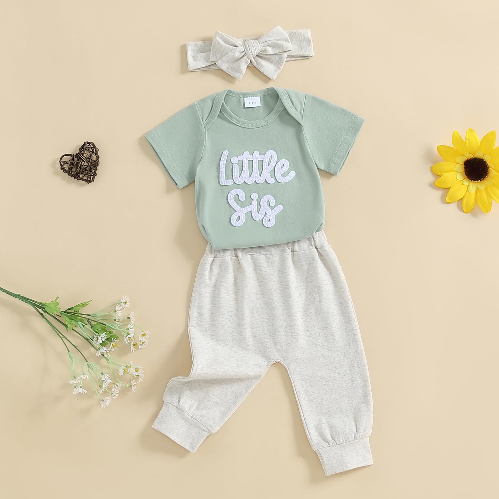 Little Sister Newborn Outfit Baby Girl Letter Embroidered Romper+Pants 3Pcs Layette Set Newborn Coming Home Outfit (Green, 3-6M)