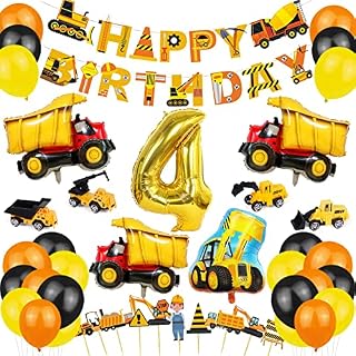 KABAHTOY 4th Birthday Decorations for Boy, Construction Party Supplies, Digger Banner, Dump Truck and Digger Balloons, Cake Toppers, Orange Black Yellow Latex Balloons, Excavator Truck Bulldozer Crane