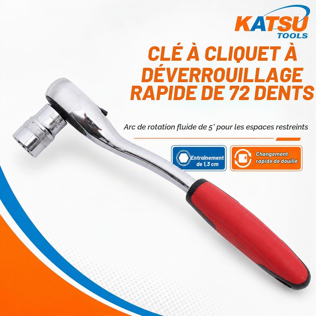 KATSU Jeu de Douilles 1/2" 32 Pièces, Entraînement Métrique 8-32mm Avec Clé à Cliquet à Dégagement Rapide 72 Dents et Barre d'Extension, Outil de Garage de Réparation Automatique 420347