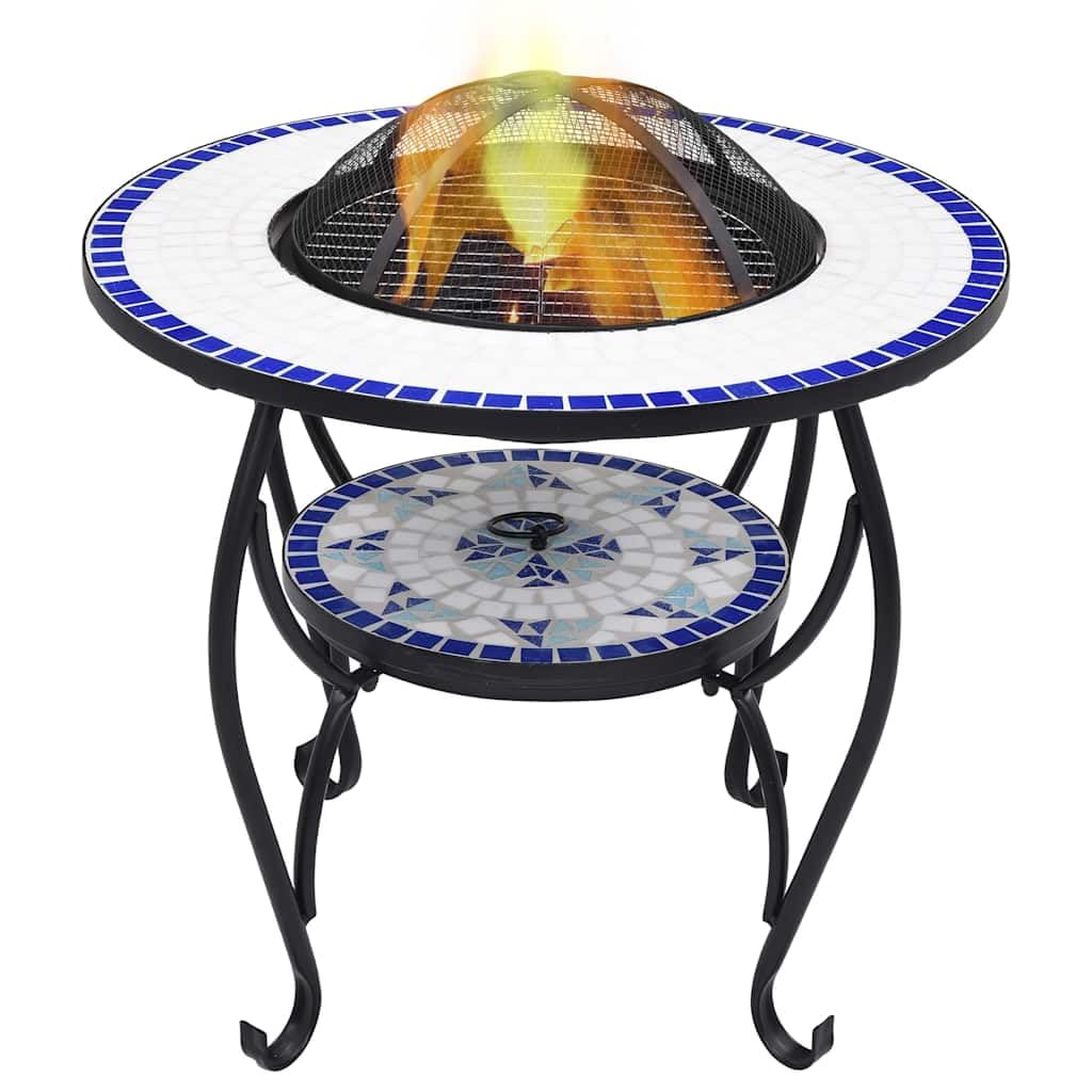 Mesa de fuego de 68 x 68 x 60 cm, mosaico de cerámica, color azul y blanco, con protección contra chispas, atizador, jardín, terraza, barbacoa