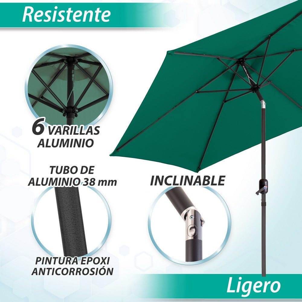Parasol de jardín inclinable de 300cm con mástil de aluminio de 38mm | Sombrilla con antiviento y manivela. Mástil resistente con tratamiento anticorrosión. Para jardín o terraza. Altura 250cm