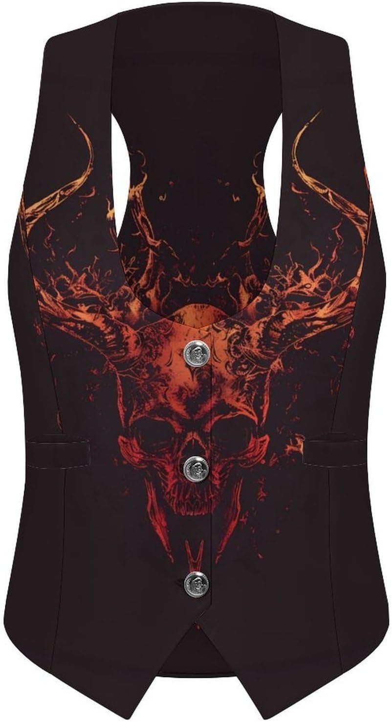 Flame Heavy Metal Skull Women's Tuxedo Waistcoat Suit Vest | 3 Button V-Neck Slim Fit Casual Sleeveless Top