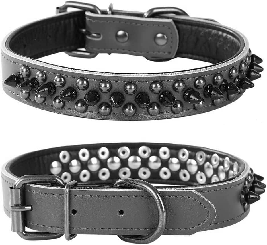 haoyueer Collar de perro con tachuelas, collar de perro de cuero genuino, collares ajustables para mascotas para boxeador mediano y grande con caniche Bulldog Pitbull (M., negro-1)