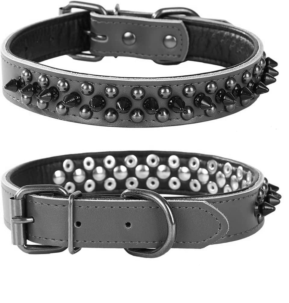 Bbmmayy Spiked Studded Dog Collar, Soft Genuine Leather Dog Collar, Adjustable Dog Collars for Small Medium Large Dogs Breeds Pit Bull (S fit Neck