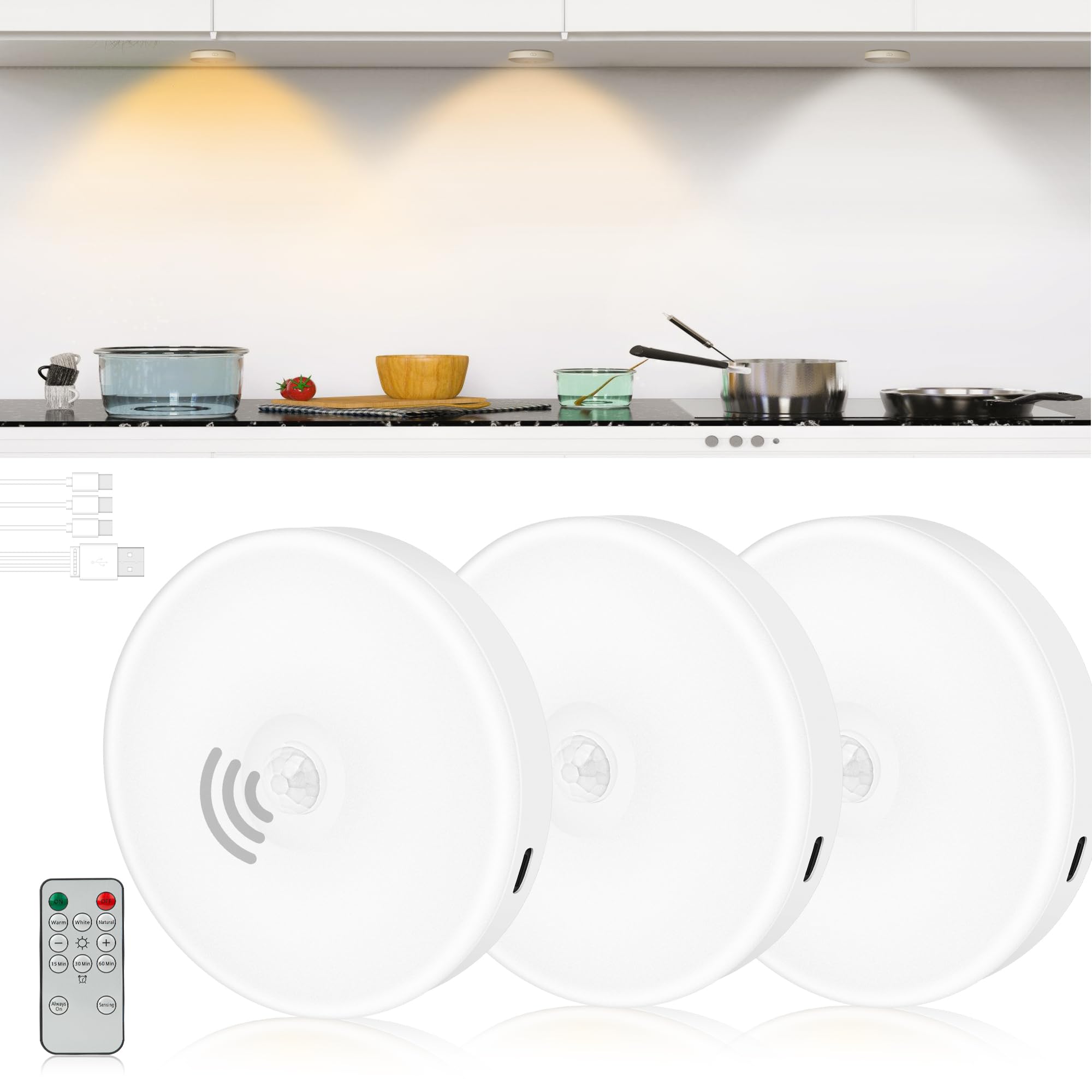 HOMEBEST Motion Sensor Puck Lights with Remote, Rechargeable Under Cabinet Lighting Wireless, Magnetic Ultra LED Closet Light Dimming & Timing, 3 Color Under Counter Light for Kitchen,Display Case(3P)