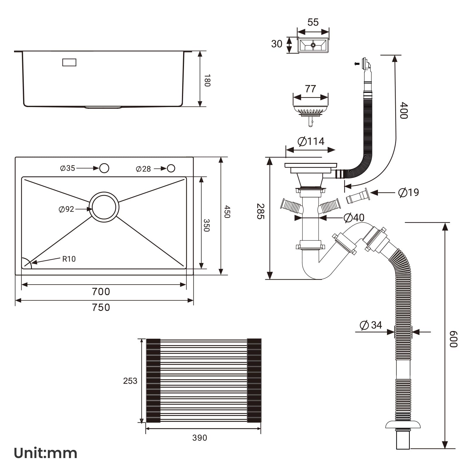Auralum Lavandino Cucina 75 x 45 cm, Lavello Cucina 1 Vasca con Gocciolatoio, Lavabo Cucina Acciaio Inox da Appoggio con Troppopieno, Sifone e Set di Drenaggio
