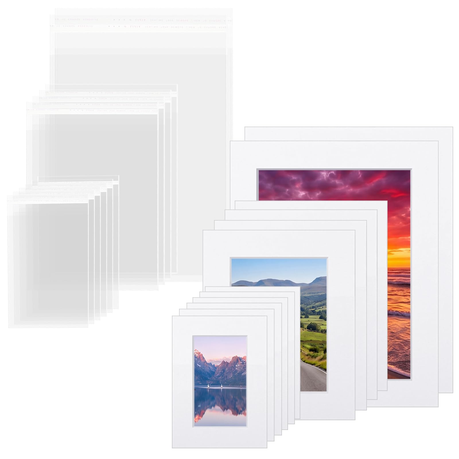 12 Sets White Picture Mat Set, 5 x 7 Inch, 8 x 10 Inch, 11 x 14 Inch Display Photo Frame Mat with White Core Bevel Cutting Mat Board and 20 Transparent Bags for Packaging Photo Picture Artwork-image-16