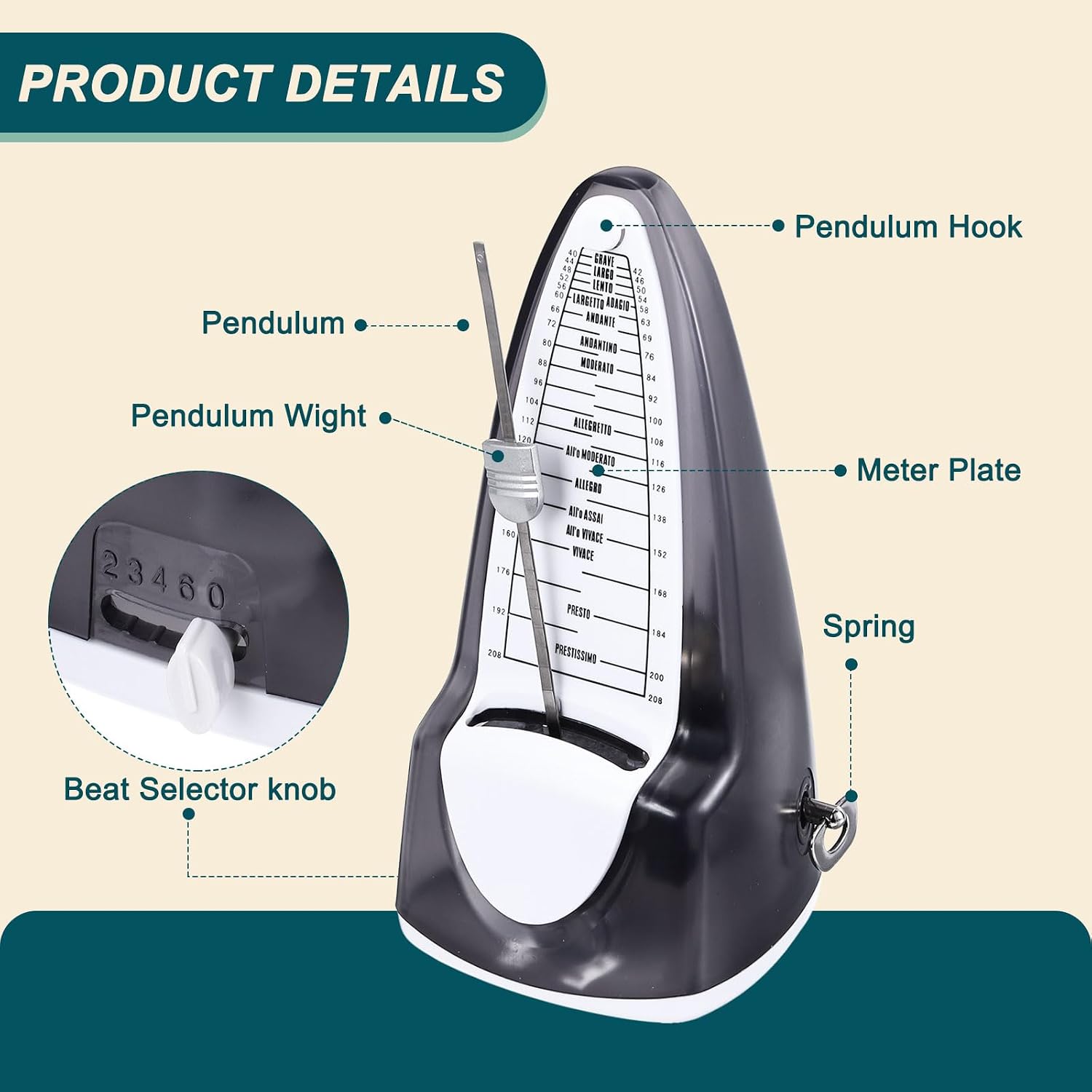 MECCANIXITY Mechanical Metronome,High Accuracy Professional Musical Timer Universal Music Metronome for Piano Guitar Violin Ukulele Player,Transparent Black