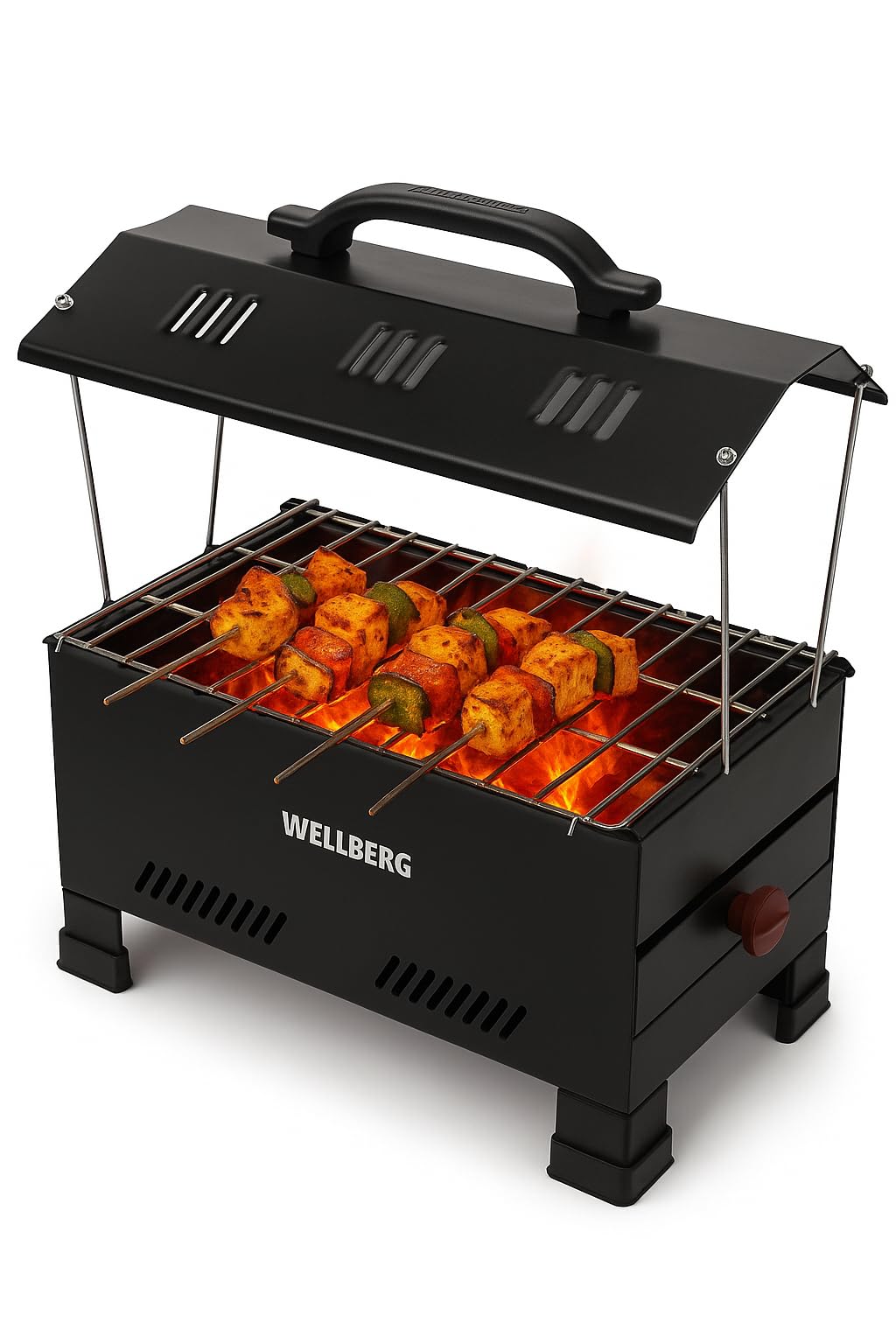 Wellberg Electric and Non Electric Charcoal Barbeque (Black, Iron) Charcoal/Compact & Portable, Large Size, Red Electric Grill with 6 Wooden Handle Skewers,Hand Gloves & Tong-image-36