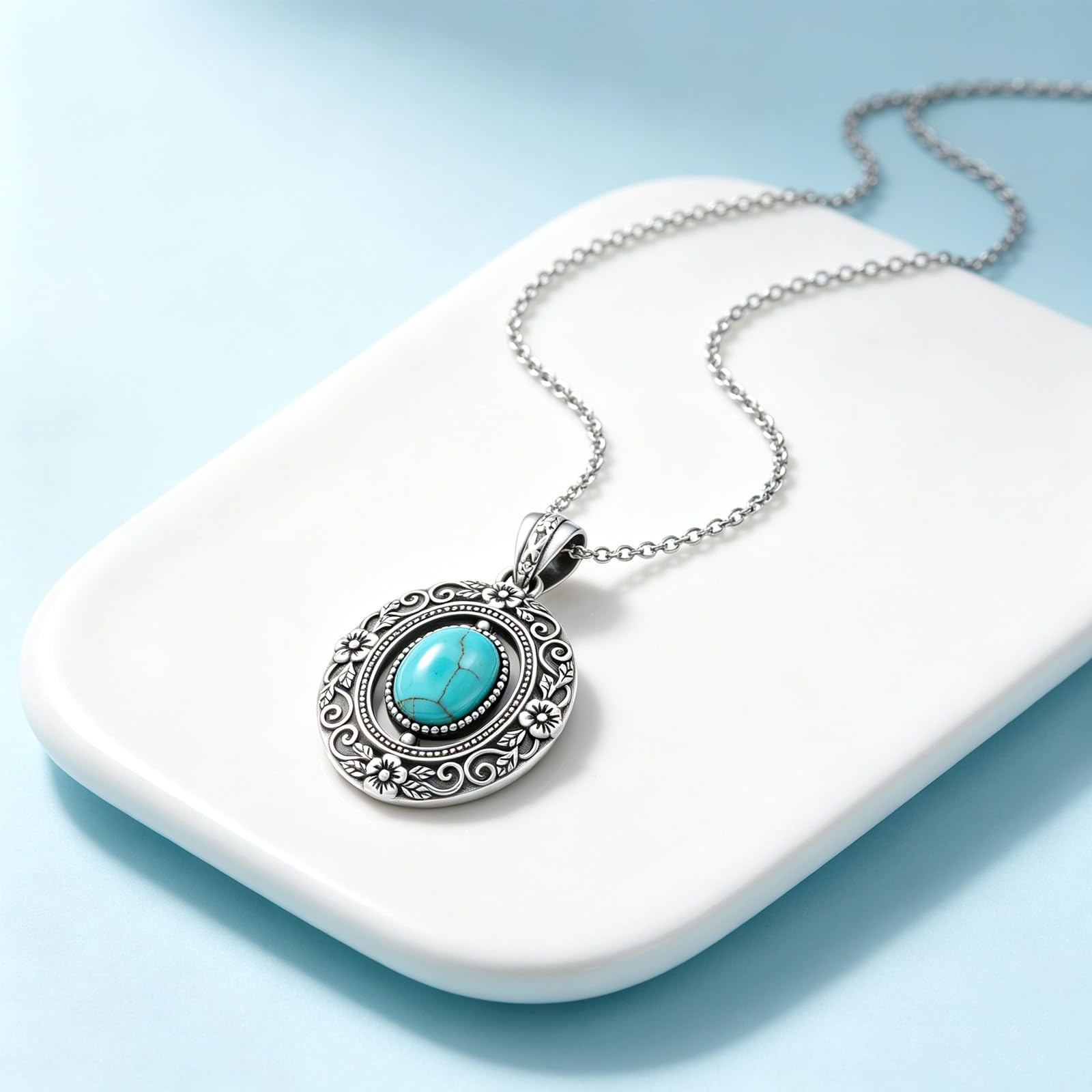 925 Sterling Silber Ovaler Türkis Anhänger Halskette für Damen, Vintage Boho Schmuck Geschenk