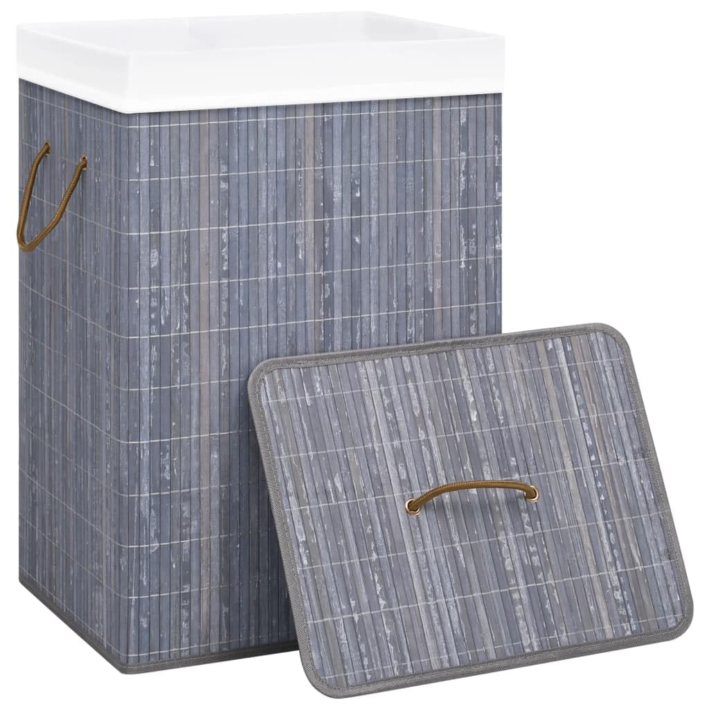 Cesta de bambú para la colada con 1 compartimento gris, bolsa interior extraíble de tejido transpirable, plegable y ahorra espacio, para baño, dormitorio, salón, gran volumen para