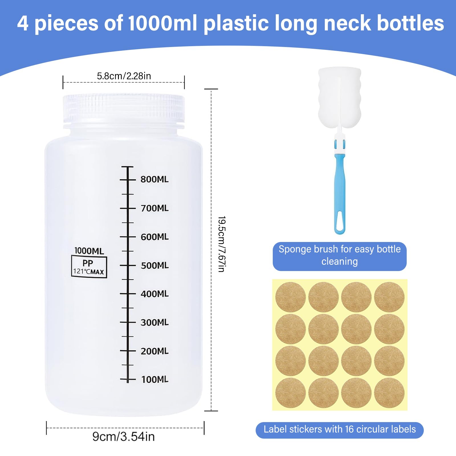 4 bottiglie a collo largo, in plastica, da 1000 ml, per laboratorio, a prova di perdite, a collo largo, con etichette scalate, per bottiglie di pillole, bottiglie di campioni d'acqua