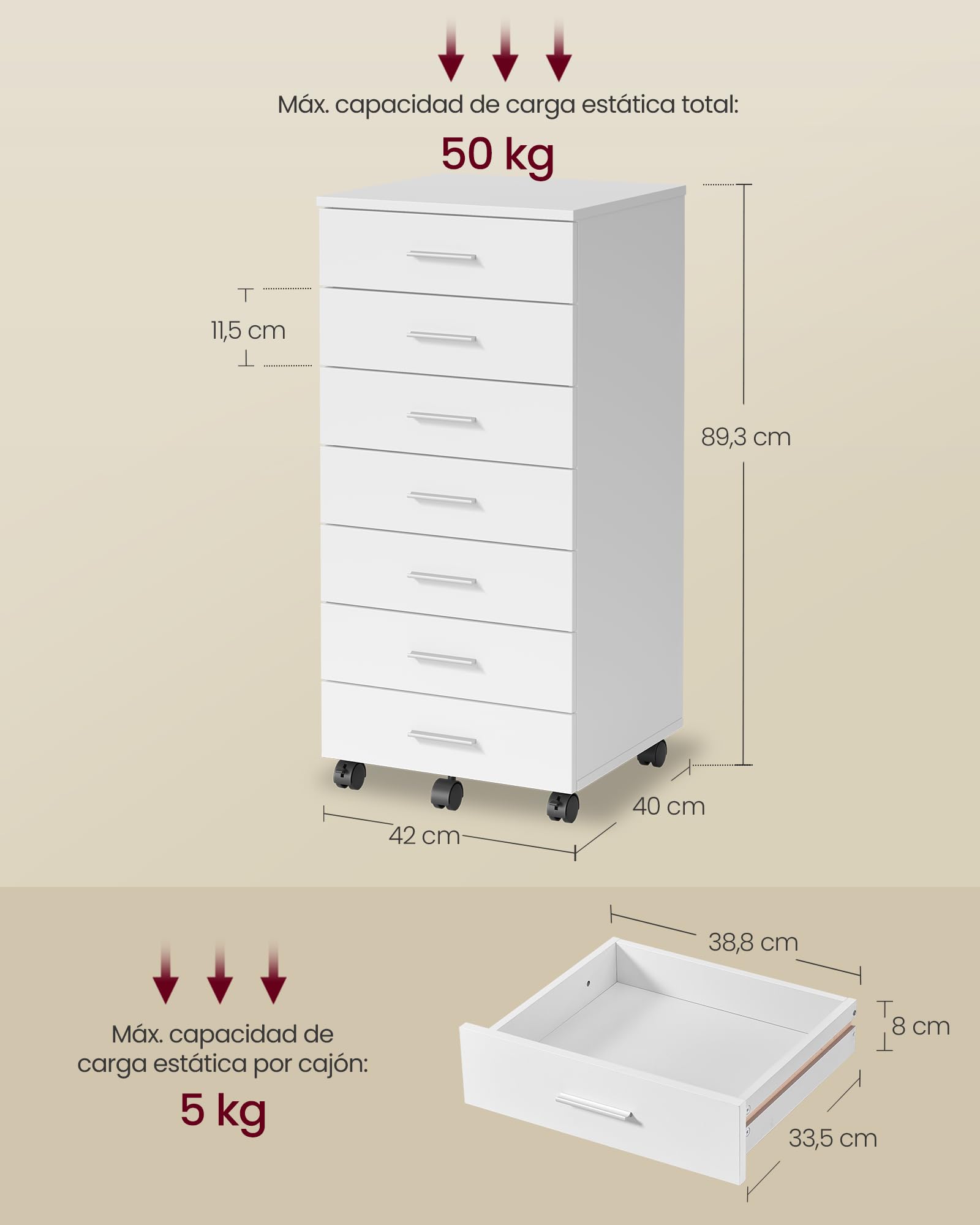 VASAGLE Custos Colección - Archivador Móvil, Armario Móvil de Archivos, Cajonera, Soporte para Impresora con 7 Cajones, con Guías Deslizantes sin Tornillos, para Oficina, Casa, Blanco Nube OFC085WB02